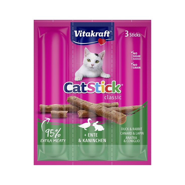 Snack en stick para gatos con pato y conejo envase 3 uds