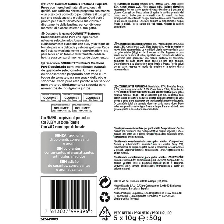 Puré para gatos adultos de buey y tomate Purina - 5x10g