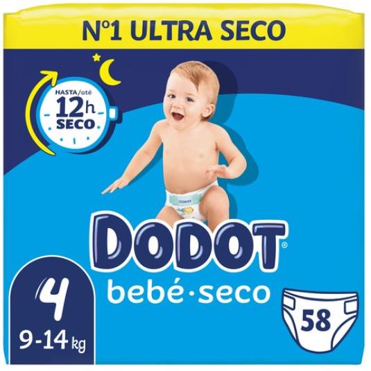 Pañal bebé seco T4 de 9-14Kg Dodot - 58 uds