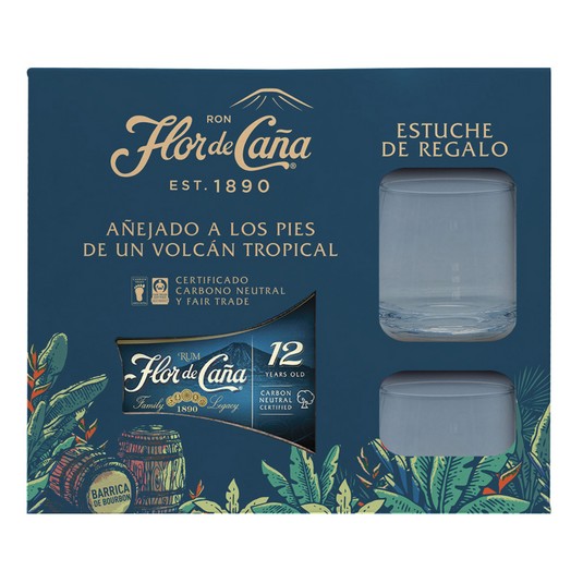 Ron añejo Flor de Caña 12 70cl + 2 vasos de regalo