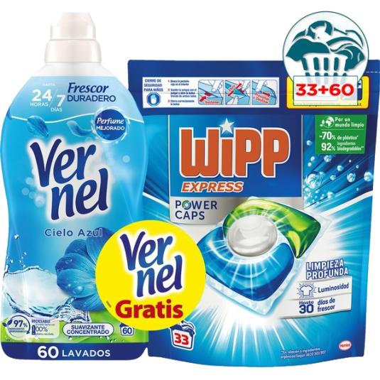 Detergente cápsulas 33 lavados Wipp - Suavizante Vernel 60