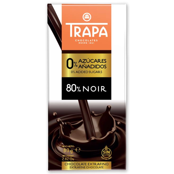 Chocolate negro 80% Cacao 0% Azúcares Trapa - 80g