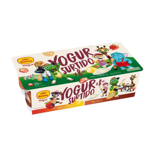 Yogur Sabor Surtido fresa/plátano y galleta Reina - 8x125g