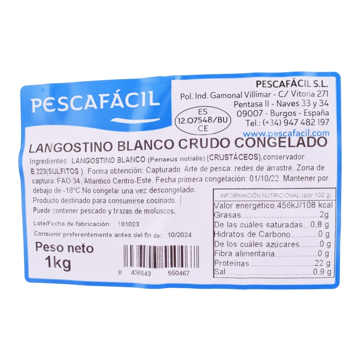 Langostino blanco crudo cogelado - Pescafácil - 1kg