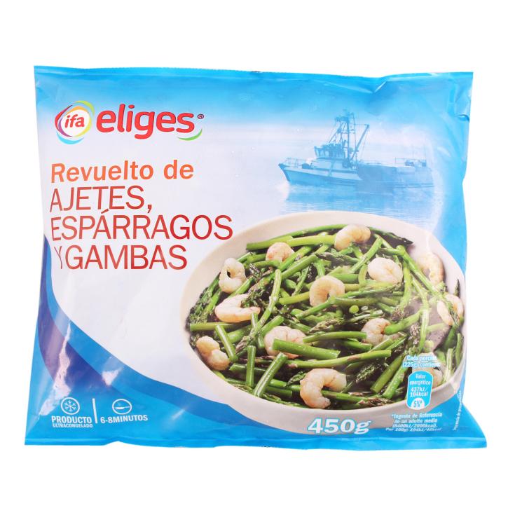 Revuelto de ajetes, espárragos y gambas - Eliges - 450g