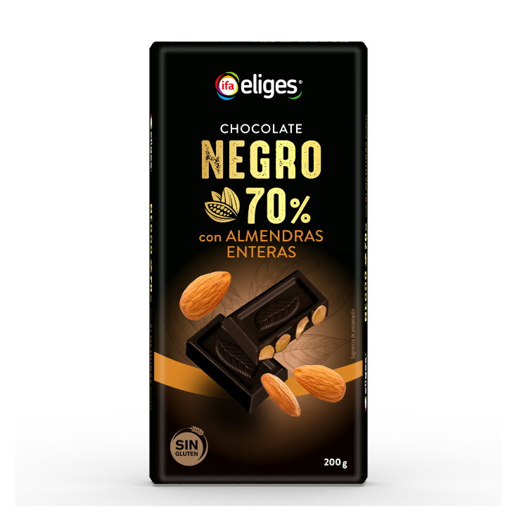 CHOCOLATE NEGRO 70% CACAO CON ALMENDRAS ENTERAS 200G CHOCOLATE NEGRO 70% CACAO CON ALMENDRAS ENTERAS 200G