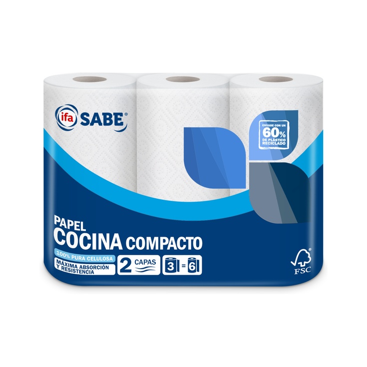 PAPEL COCINA 2 CAPAS COMPACTO PAQUETE 3 ROLLOS