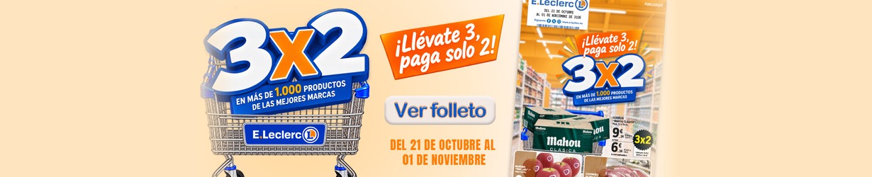 ¡Llévate 3, paga solo 2! 3x2 en más de 1.000 productos de las mejores marcas. Folleto del 21 de octubre al 1 de noviembre.